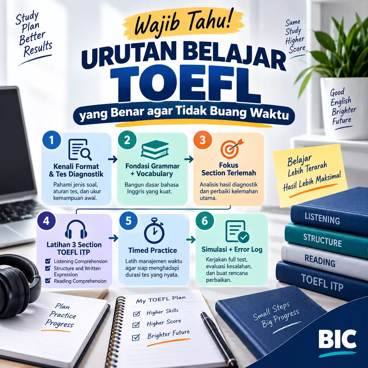 Wajib Tahu! Urutan Belajar TOEFL yang Benar agar Tidak Buang Waktu Wajib Tahu! Urutan Belajar TOEFL yang Benar agar Tidak Buang Waktu - Bahasa Inggris Center (BIC)