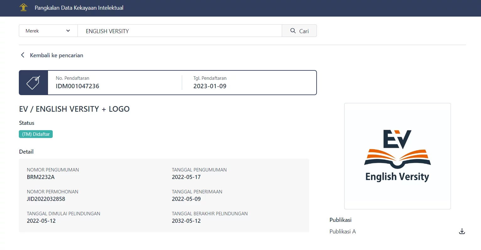 Sertifikat HKI Merek English Versity Education Foundation