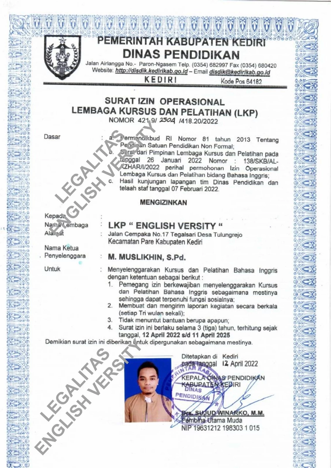 SK Izin Operasional English Versity Education Foundation