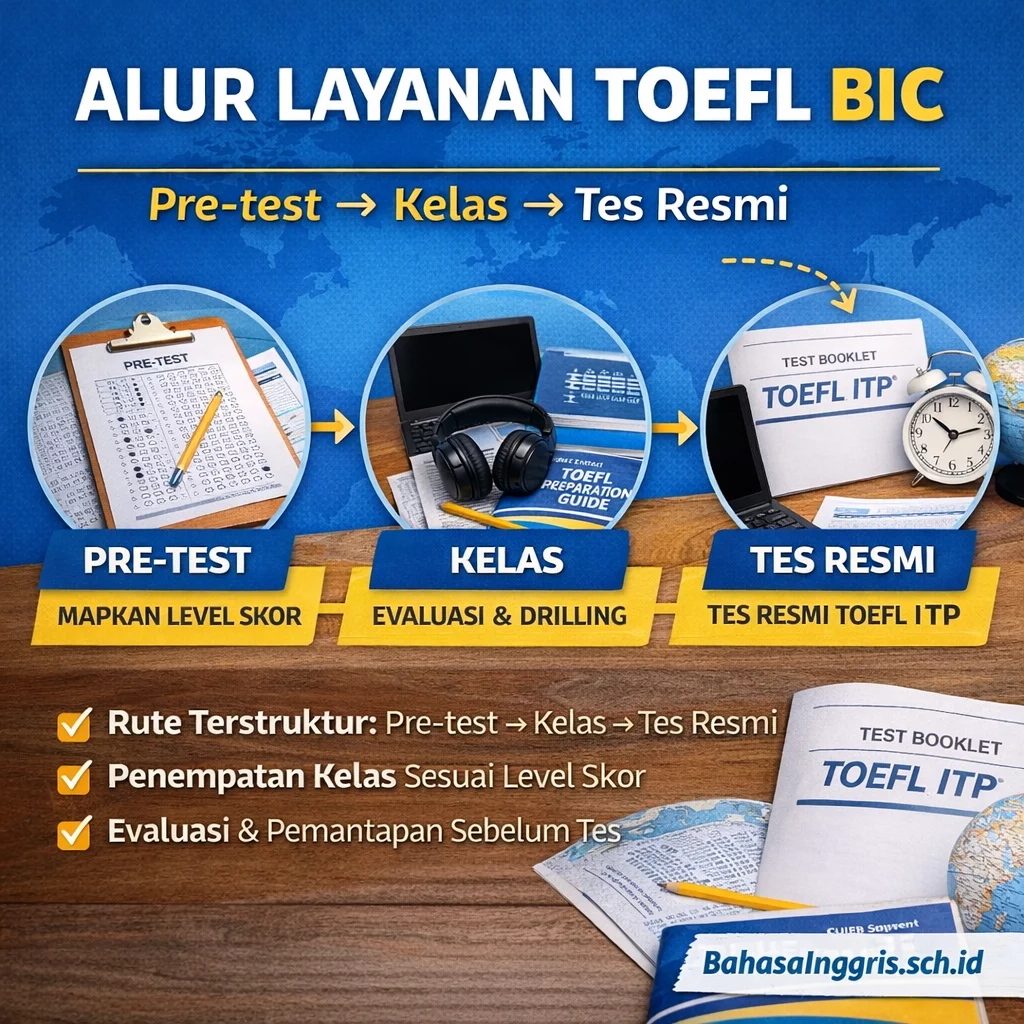 Alur Layanan TOEFL BIC dari Pre-test ke Tes Resmi Alur Layanan TOEFL BIC dari Pre-test ke Tes Resmi - Bahasa Inggris Center (BIC)