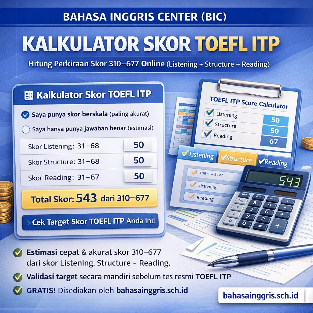 Kalkulator Skor TOEFL ITP Online Akurat & Tabel Konversi Kalkulator Skor TOEFL ITP Online Akurat & Tabel Konversi - Bahasa Inggris Center (BIC)