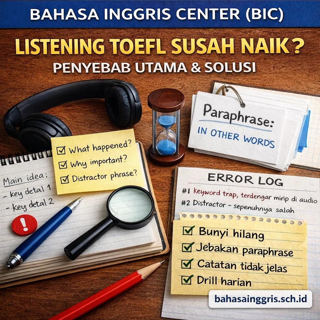 Listening TOEFL Susah Naik? Penyebab Utama & Solusi Listening TOEFL Susah Naik? Penyebab Utama & Solusi - Bahasa Inggris Center (BIC)