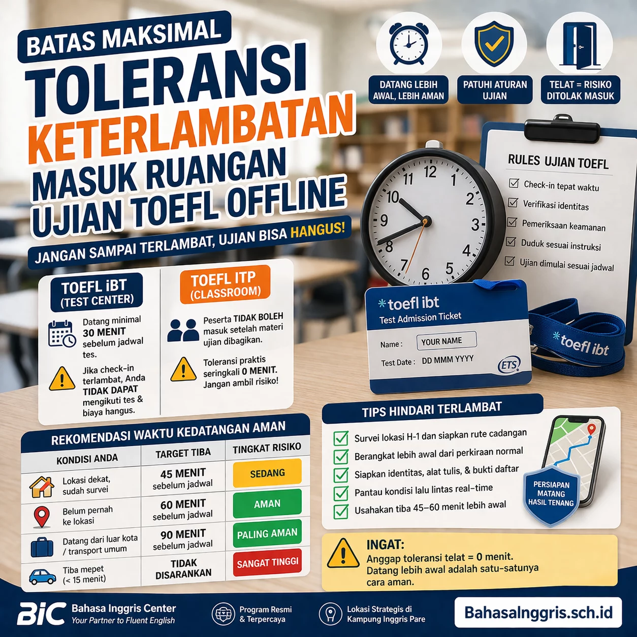 Toleransi Keterlambatan TOEFL Offline, Berapa Menit? Toleransi Keterlambatan TOEFL Offline, Berapa Menit? - Bahasa Inggris Center (BIC)