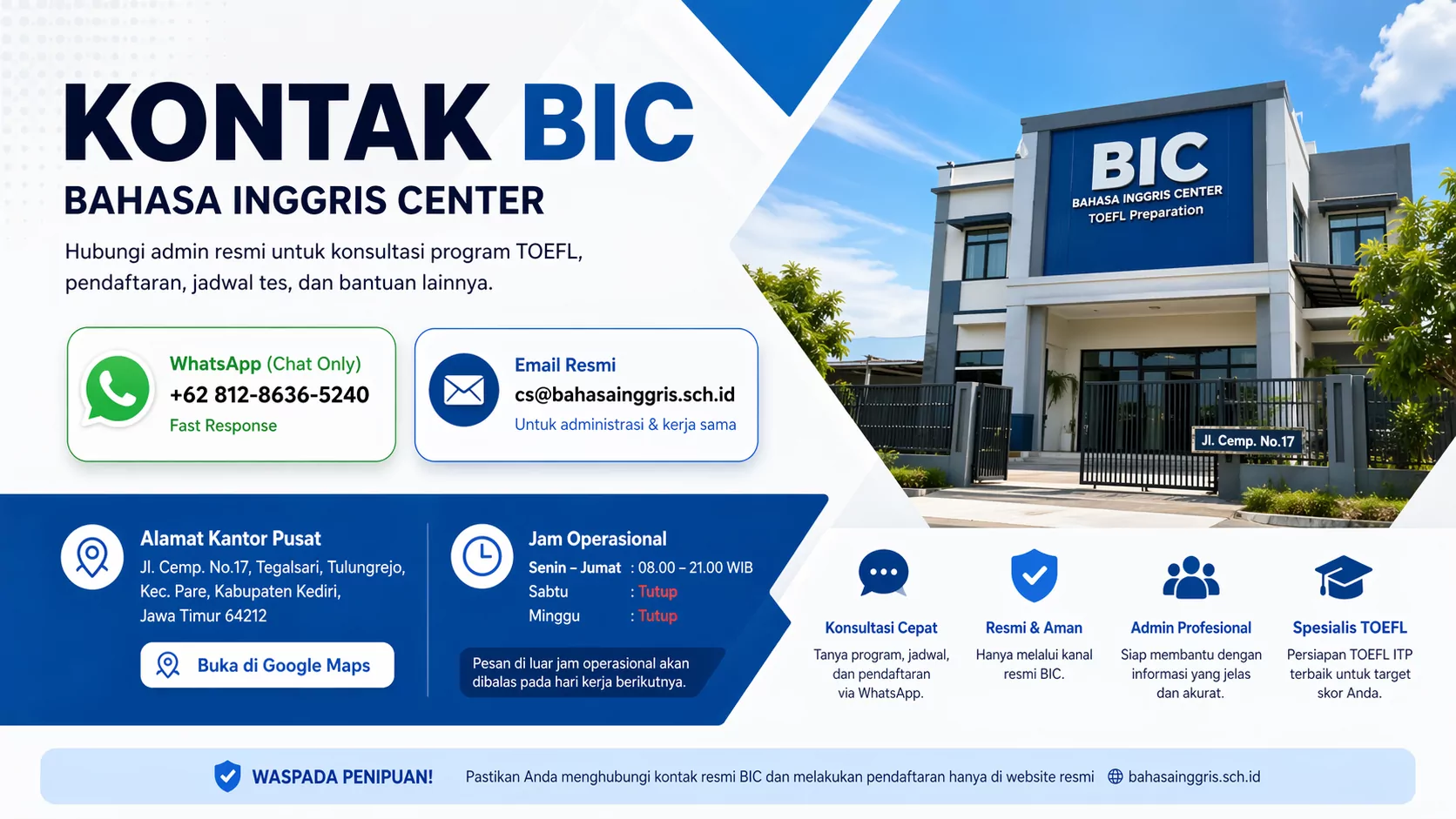 Kontak BIC Pare WhatsApp Email Alamat & Jam Layanan - Bahasa Inggris Center (BIC)
