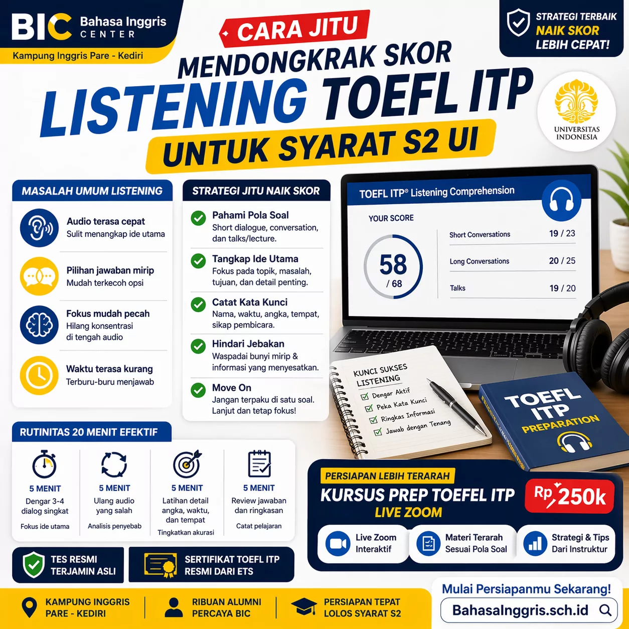 Strategi Listening TOEFL ITP agar Lolos S2 UI Strategi Listening TOEFL ITP agar Lolos S2 UI - Bahasa Inggris Center (BIC)