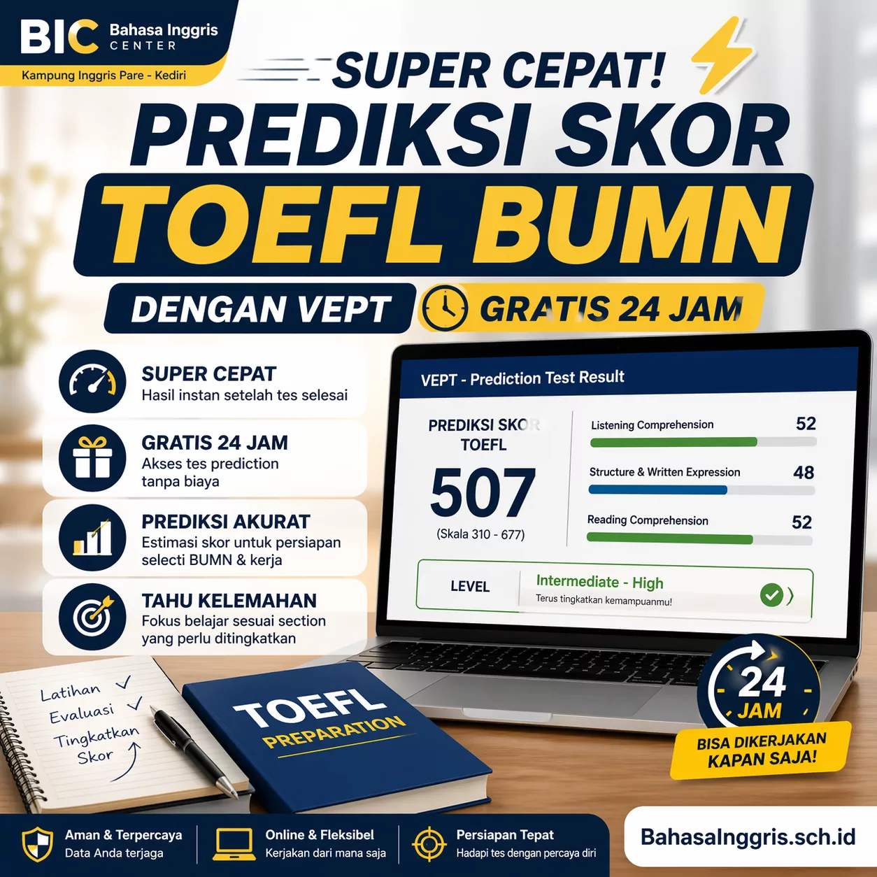Cek Prediksi Skor TOEFL BUMN Super Cepat Cek Prediksi Skor TOEFL BUMN Super Cepat - Bahasa Inggris Center (BIC)