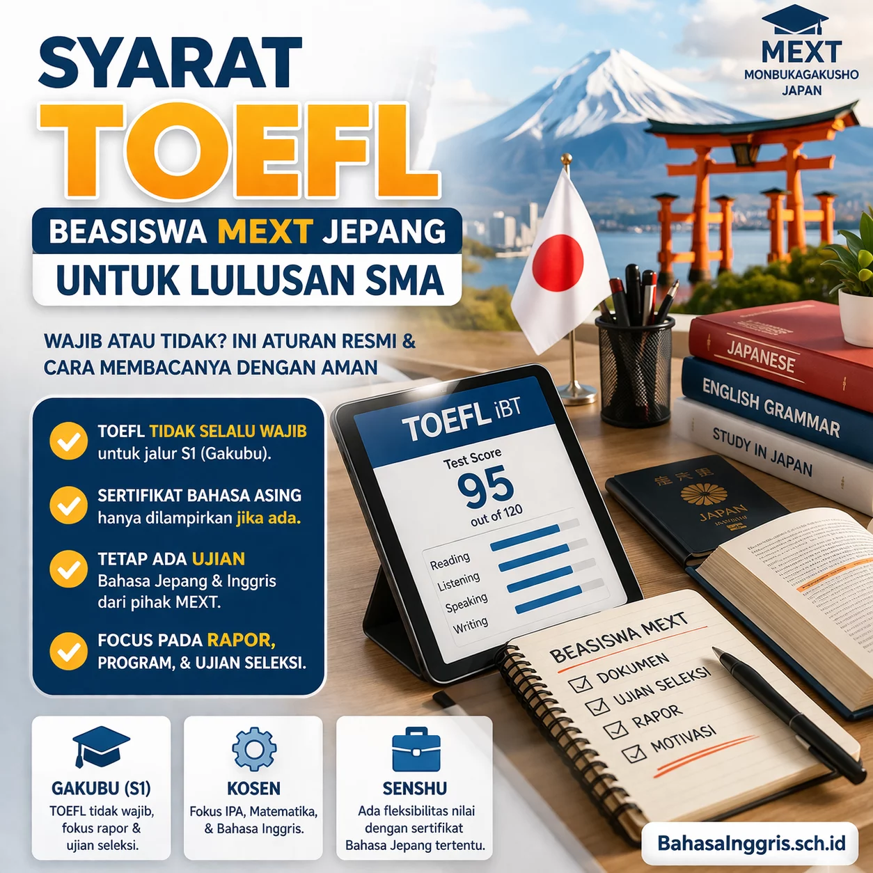 Syarat TOEFL Beasiswa MEXT Jepang untuk Lulusan SMA Syarat TOEFL Beasiswa MEXT Jepang untuk Lulusan SMA - Bahasa Inggris Center (BIC)