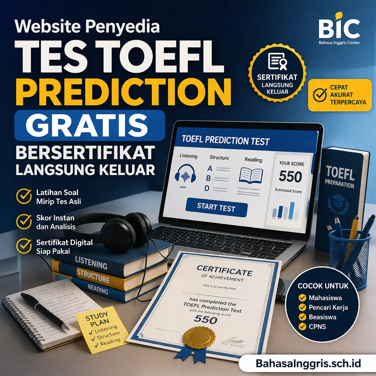 Website Tes TOEFL Prediction Gratis Bersertifikat Website Tes TOEFL Prediction Gratis Bersertifikat - Bahasa Inggris Center (BIC)