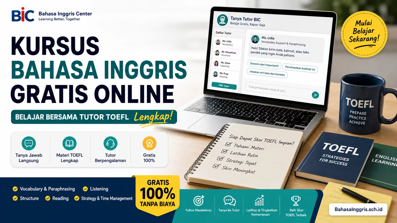 Belajar Bahasa Inggris Gratis Bersama Tutor Ahli TOEFL BIC - Bahasa Inggris Center (BIC)